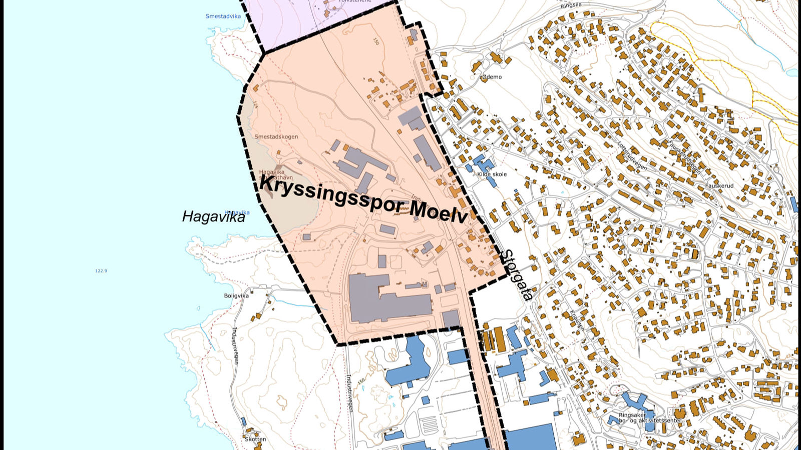 Kart som viser planavgrensing for kryssingsspor og planoverganger i Moelv.