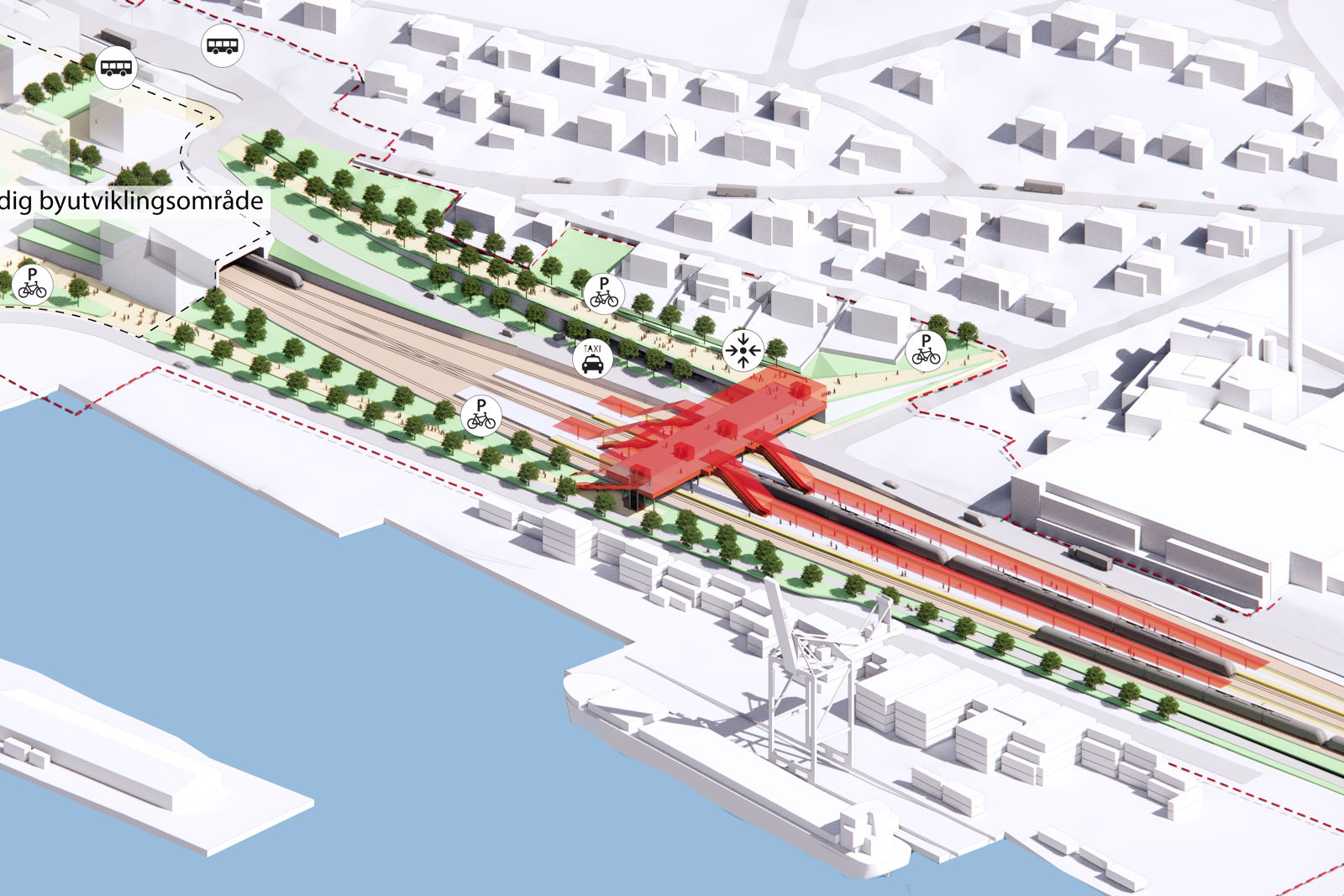 Illustrasjon viser forslag til ny stasjonsplassering.