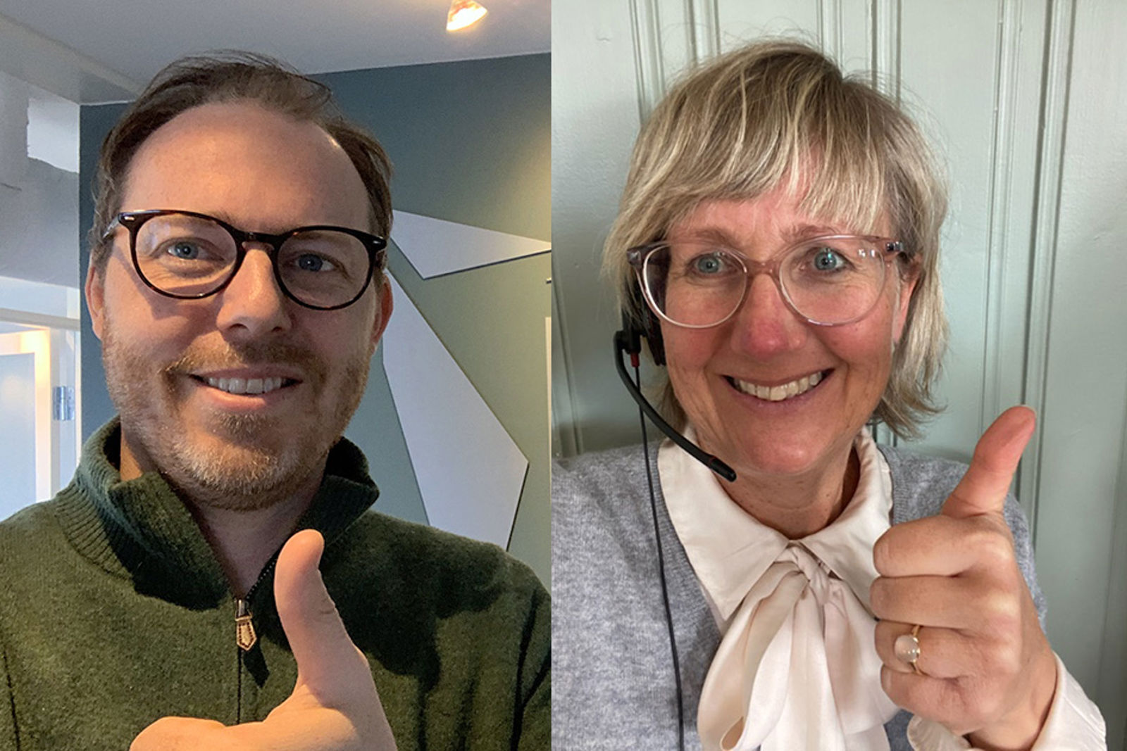 Bildet viser screen shot av administrerende direktør Jeppe Raaholt i BMO Entreprenør og Stine Ilebrekke Undrum, konserndirektør Utbygging i Bane NOR i forbindelse med at avtalen om nybygg, rehabilitering og sanering av overgangsbruer ble signert. Tommel opp!