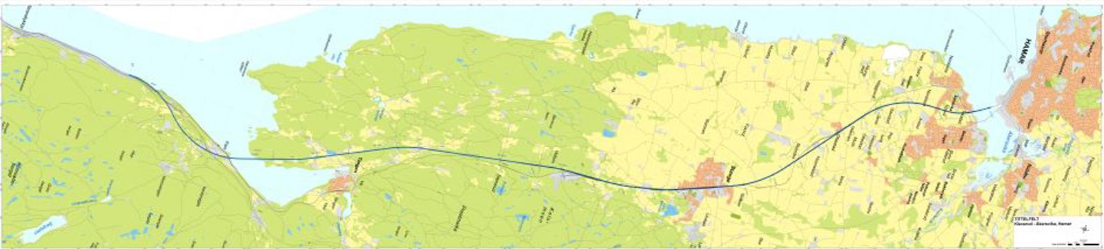 Kart som viser traséen for nytt dobbeltspor