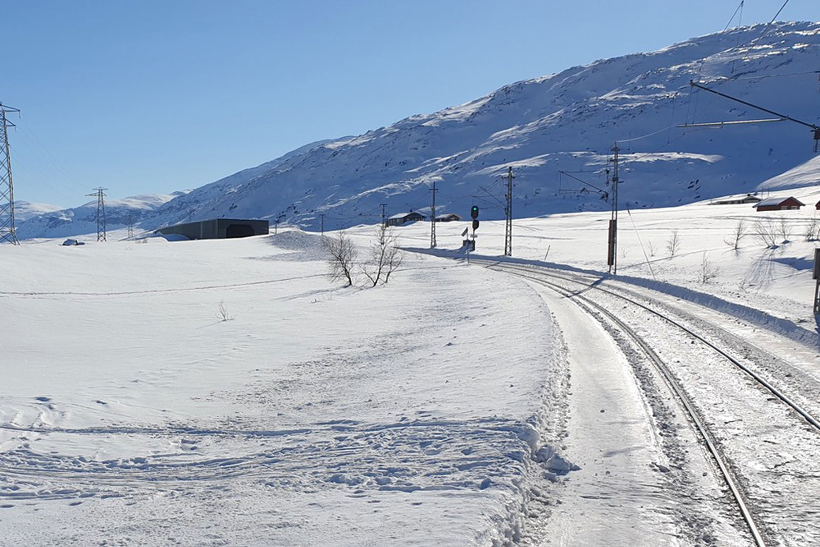 Spor etter mange skiløpere fører inn mot banen. 