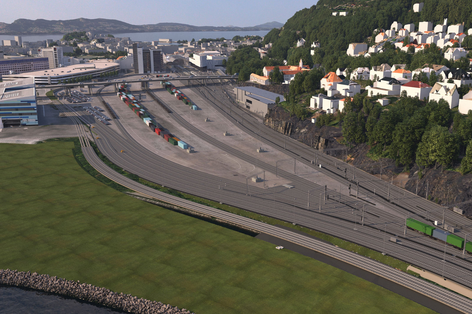 Illustrasjon som viser sporene ut fra jernbanestasjonen i Bergen