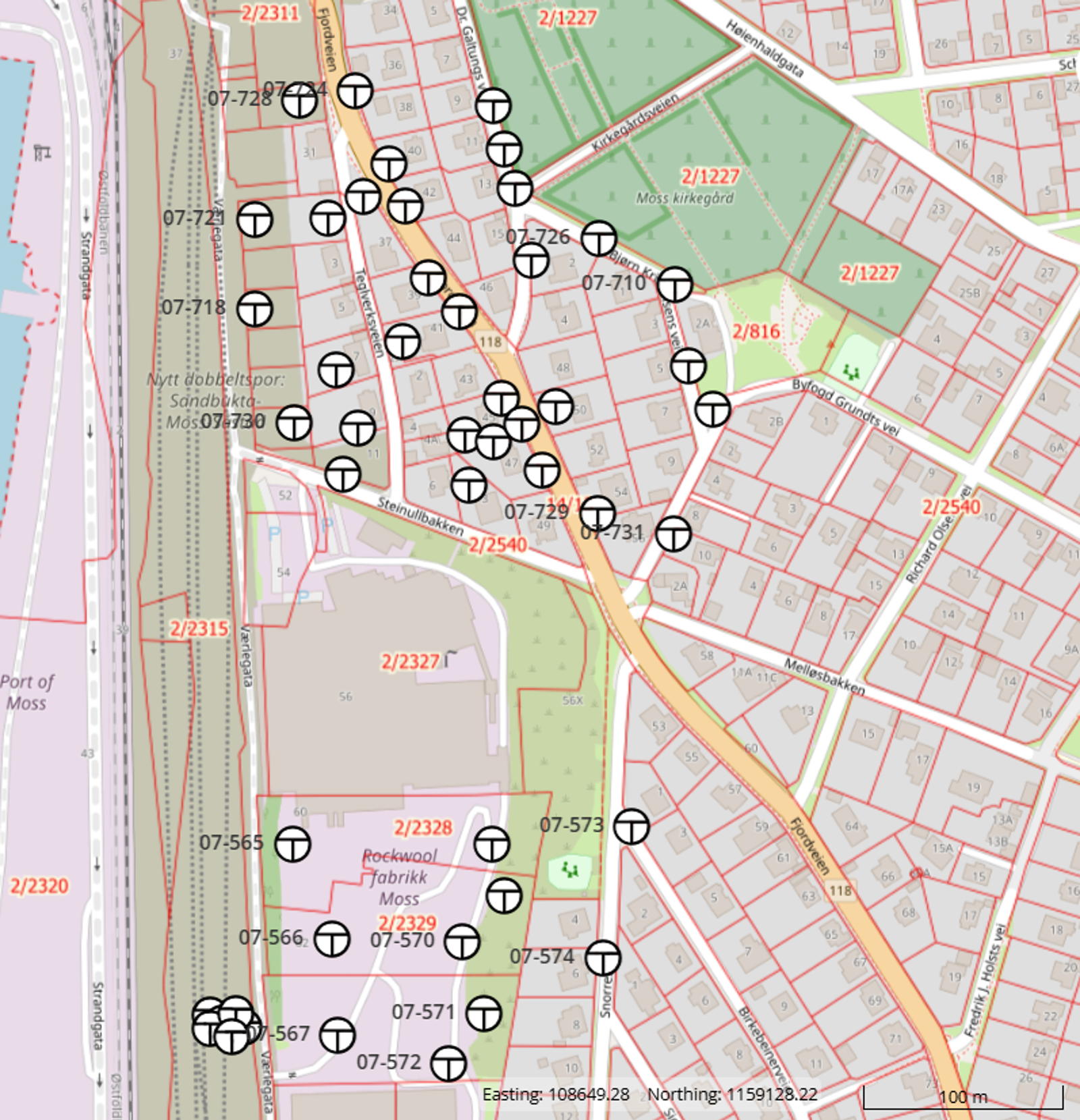 Kart som i detalj viser hvor det skal utføres grunnboringer. 
