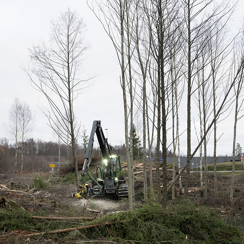 Hogstmaskin i skogen som rydder langs jernbanen. 