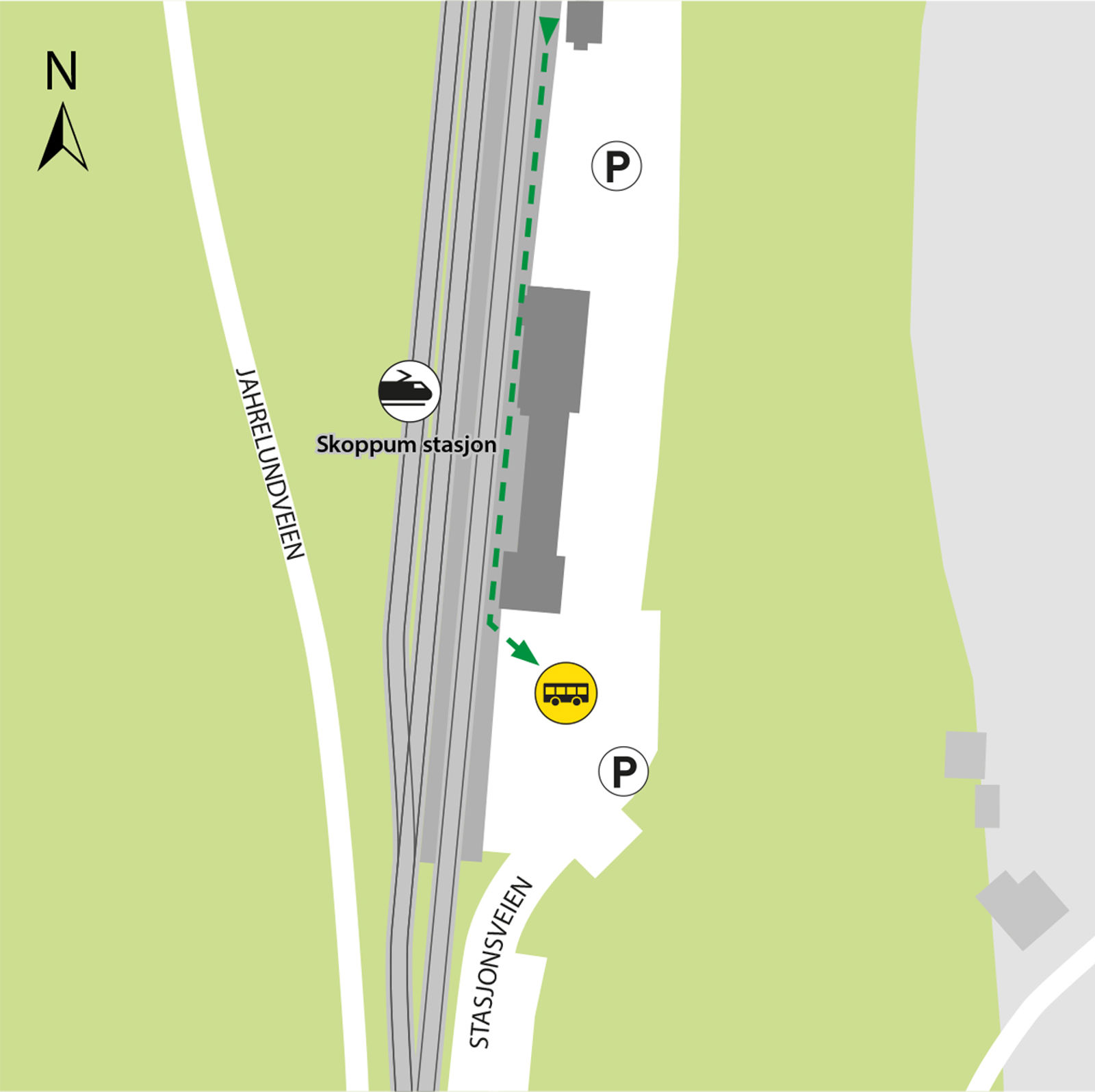 Kartet viser at bussene kjører fra bussholdeplassen Skoppum stasjon.