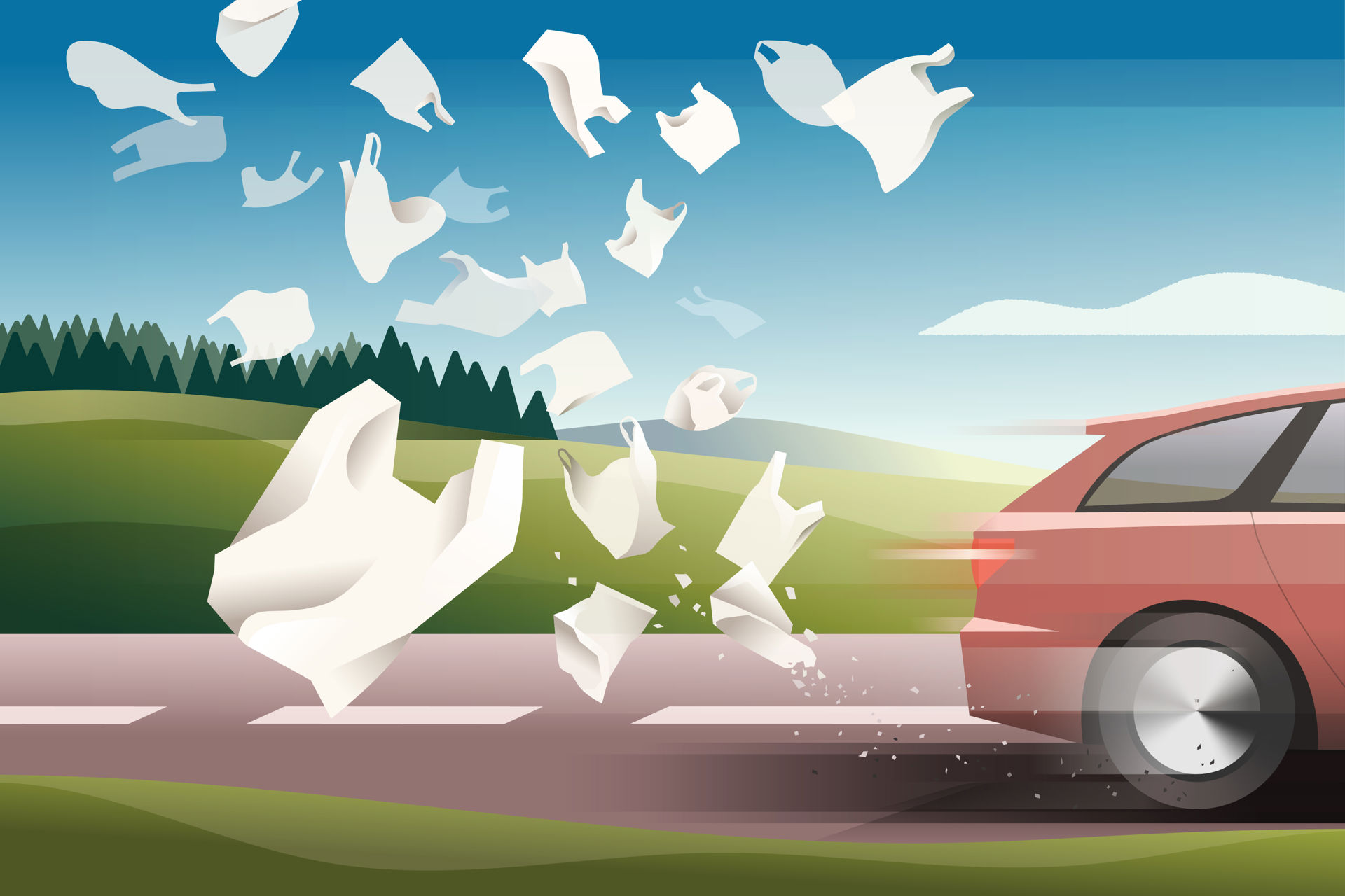Illustrasjon: Plast og poser virvler opp bak en rød bil, natur i bakgrunnen.