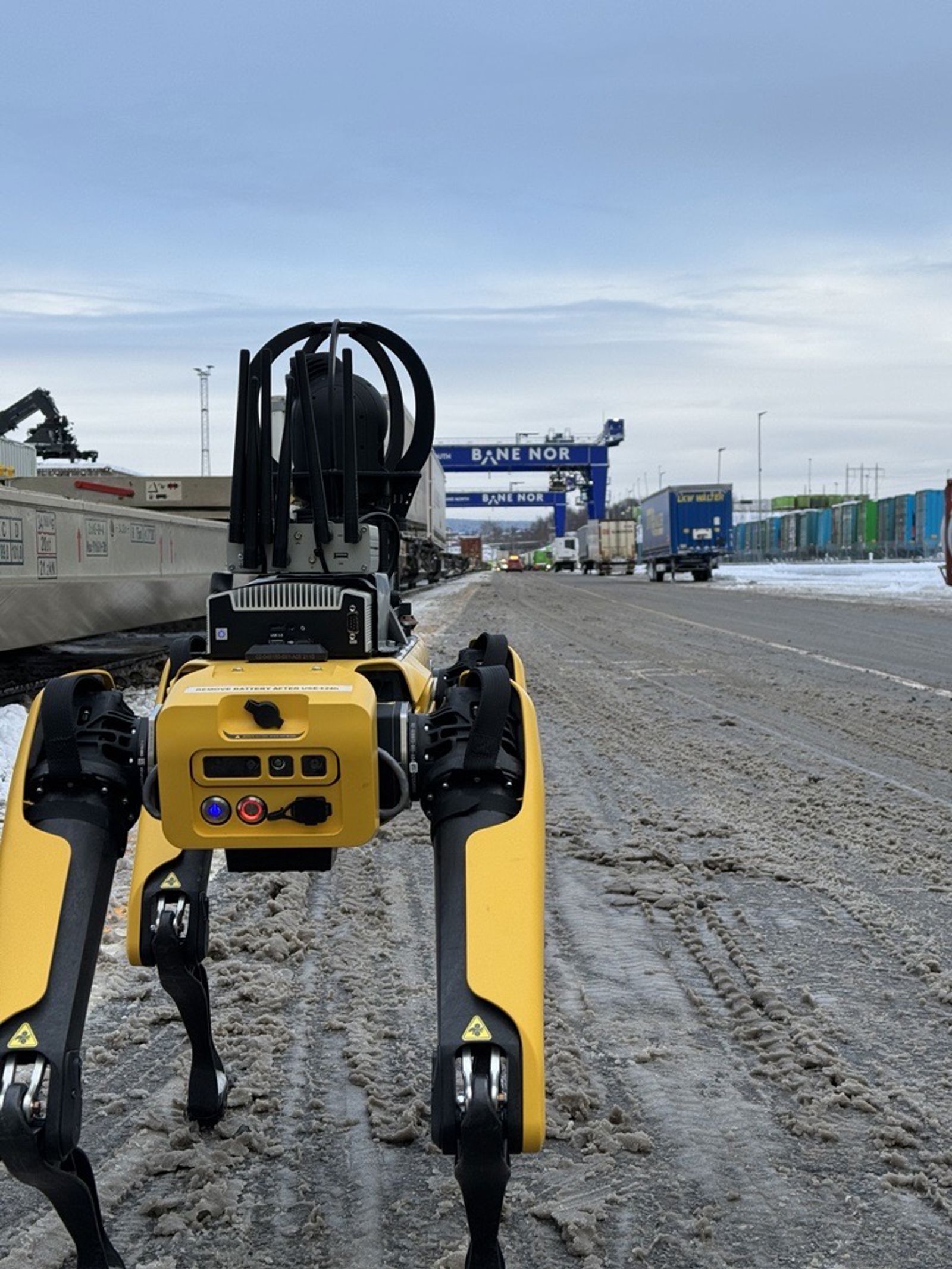 Gul robothund på godsterminal